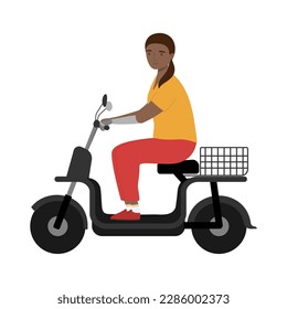 Young woman with a prosthetic arm riding modern electric bike scooter. Handicapped person. Isolated vector illustration 