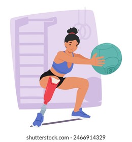 Mujer Joven Con La Pierna Protésica Que Participa Activamente En La Sesión Del Fitness Usando Una Pelota De La Medicina En El Gimnasio. La Imagen De Vector Destaca El Empoderamiento Y La Inclusividad En El Deporte Y La Aptitud Para Las Personas Discapacitadas