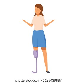Young woman with a prosthetic leg is confidently smiling and gesturing with open arms