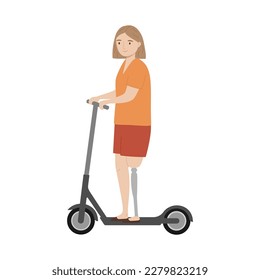 Young woman with a prosthetic leg riding electric scooter. Handicapped person. Isolated vector illustration 
