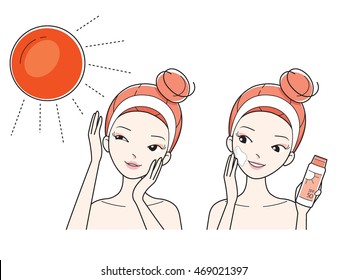 Young Woman Protect And Care Face From Sun Light, Facial, Treatment, Beauty, Cosmetic, Makeup, Healthy, Lifestyle