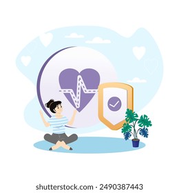 Young woman protecting her health with insurance shield and heartbeat symbol