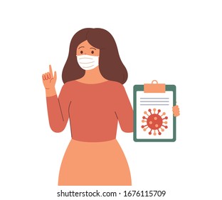 Young woman in protective face mask reports information and news about the viral infectious disease. Coronavirus epidemic concept