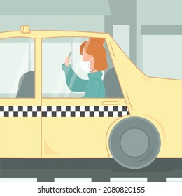 Young woman in protective face mask with smartphone in her hand using taxi. Machine taxi car controlled by autopilot carries passenger around buildings. New normal concept flat vector illustration.