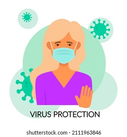 Young woman in a protective medical mask on the background of viruses. Virus protection. Poster, banner. Flat vector illustration isolated on white background