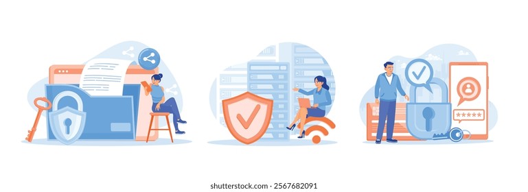 The young woman protects personal data online. Storing electronic documents in server racks with cloud computing services. Cyber ​​security services to protect personal data. Cyber ​​security concept.