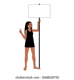 A young woman at a protest action with a banner and a victory sign. Standing picket. Color vector illustration isolated on a white background in a flat design.