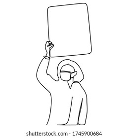 Young woman protesters rises a signboard. Continuous single line vector illustration