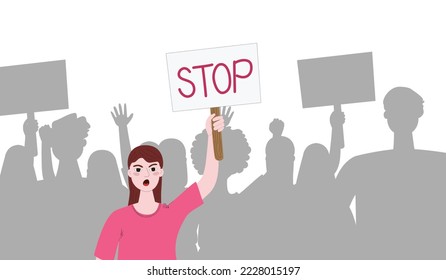 Young woman protesting with banner in front of many protestants shown as silhouettes. Defending rights concept.