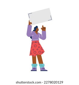 Young woman protesting with blank sign, empty space for text - flat vector illustration isolated on white background. Concept of demonstration or campaign for human or women rights.