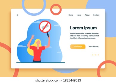 Young woman protesting with round banner. Meeting, stop, attention flat vector illustration. Demonstration and active position concept for banner, website design or landing web page