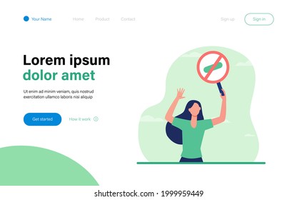 Young woman protesting with round banner. Meeting, stop, attention flat vector illustration. Demonstration and active position concept for banner, website design or landing web page