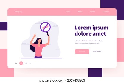 Young woman protesting with round banner. Meeting, stop, attention flat vector illustration. Demonstration and active position concept for banner, website design or landing web page
