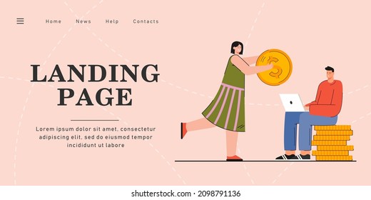 Young Woman Providing Financial Support To Man With Computer. Cartoon Freelancer Working On Laptop And Sitting On Money Pile While Girl Giving Him Gold Coin. Finance, Family, Money, Freelance Concept