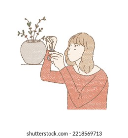 Young woman pruning branches of little plant in pot, floral designing, flower arranging. Hand drawn flat cartoon character vector illustration in colored pencil texture.