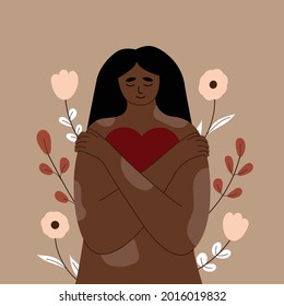 Young woman with psoriasis skin disease, girl with vitiligo hugs herself and her body. He holds a heart in his hands. Love yourself, self confidence and care. Accept yourself, body positive. Vector.