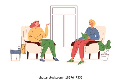 Young woman at psychotherapist session talking about problems and fears. Outline stylish interior with soft chairs and flower pots 