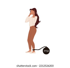 Young woman with PTSD cant go forward. Post traumatic stress disorder. Mental health support. Scared female character. Flat vector illustration.