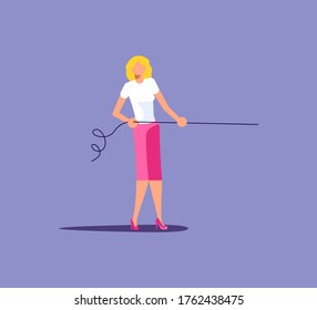 Young woman pull the rope business concept. Tug of war, competition metaphor. Isolated on purple. Flat Art Vector Illustration