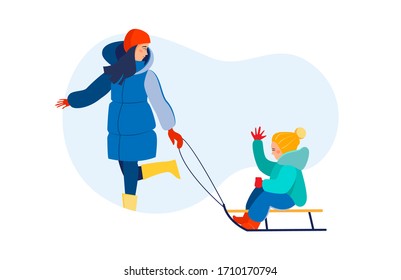 Young woman pulling sledge with kid. Mom and little son enjoying winter activity flat vector illustration. Family, lifestyle, leisure concept for banner, website design or landing web page