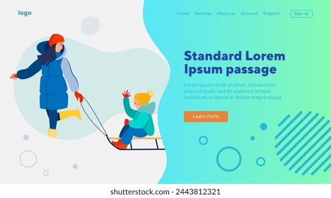 Young woman pulling sledge with kid. Mom and little son enjoying winter activity flat vector illustration. Family, lifestyle, leisure concept for banner, website design or landing web page
