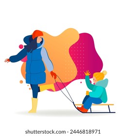 Young woman pulling sledge with kid. Mom and little son enjoying winter activity flat vector illustration. Family, lifestyle, leisure concept for banner, website design or landing web page