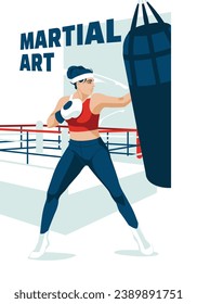 A young woman punches against the background of a boxing ring. Sports competitions, hobbies and studies. Martial art. Vector flat illustration