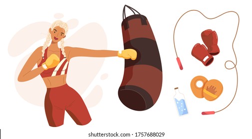 Young woman punching bag, sports activity. Concept of boxing, workout, fitness, gym, boxing equipment, strong, self defense, aerobic exercise, sport, lifestyle. Flat vector illustration character.