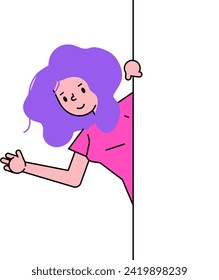 Young woman with purple hair peeks around the corner, smiling and waving. Cheerful playful female character greeting. Fun peekaboo game vector illustration.