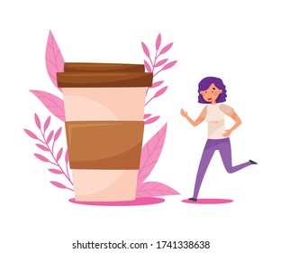 Joven con el pelo morado corriendo hacia la enorme copa de café con fondo floral Ilustración vectorial