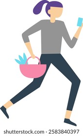 Young woman with purple hair is running, holding a pink shopping basket with groceries and a smartphone, representing modern shopping habits and busy lifestyle