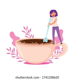 Young Woman with Purple Hair Standing on the Edge of Huge Coffee Cup and Stirring with Floral Backdrop Vector Illustration