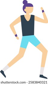 Young woman with purple hair tied in a bun is jogging wearing a dark blue tank top, light blue shorts, white socks and dark shoes with purple wristbands