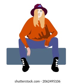 Young woman in a purple hat sits leaning on her knees on a blue step