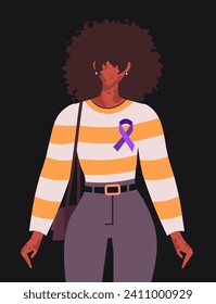 A young woman with a purple ribbon as a sign of support for leprosy patients. World Leprosy Day. Concept of awareness. Flat vector illustration isolated on black background. 