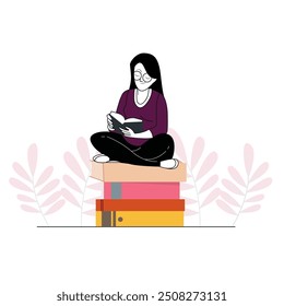 Young woman in purple shirt with long hair reading a book. Sitting on stacked ledgers and flying paper planes. Design vector. Flat illustration