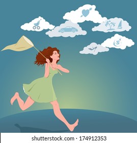 Young woman pursuing her dreams. Vector illustration with a girl with a butterfly net running after clouds with symbols of dreams and hopes