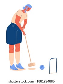 Young woman push ball while playing croquet  isolated on white background. Casual clothes, cartoon character drawn in blue and orange