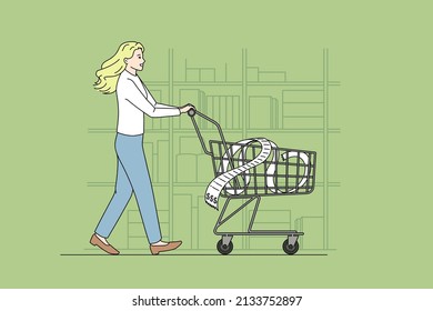 A young woman pushes a shopping cart in a supermarket, with a large receipt, anticipating happy shopping. Vector design concept.