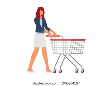 Junge Frau, die leeren Waggon schiebt. Einfache flache Illustration.