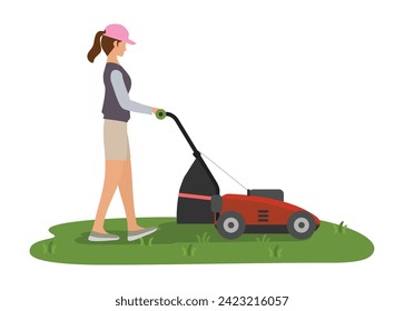 Young woman pushing lawn mower machine. Simple flat illustration