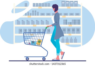 Young Woman Pushing Shopping Cart in Supermarket