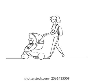 a young woman pushing a stroller with a child, walking with a backpack Captures a simple, everyday scene in a clean, artistic style. Simple continuous line drawing