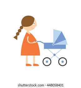 Young woman pushing stroller vector illustration isolated on white background
