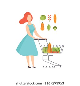 Young woman pushing supermarket shopping cart full of healthy food, girl buying vegetables at the grocery shop vector Illustration on a white background