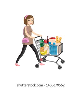 Young woman pushing supermarket shopping cart full of groceries. Flat style vector illustration isolated on white background. eps 10