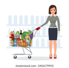 Young woman pushing supermarket shopping cart full of groceries. Vector illustration in flat style