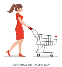 Young woman pushing supermarket shopping cart. isolated on white background. Vector illustration in flat style