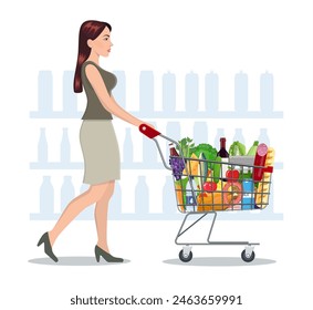 Mujer joven empujando el Carrito de compras del supermercado lleno de comestibles. Ilustración vectorial en estilo plano