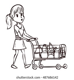 Young woman pushing supermarket shopping cart full of groceries. Hand drawn cartoon vector illustration.